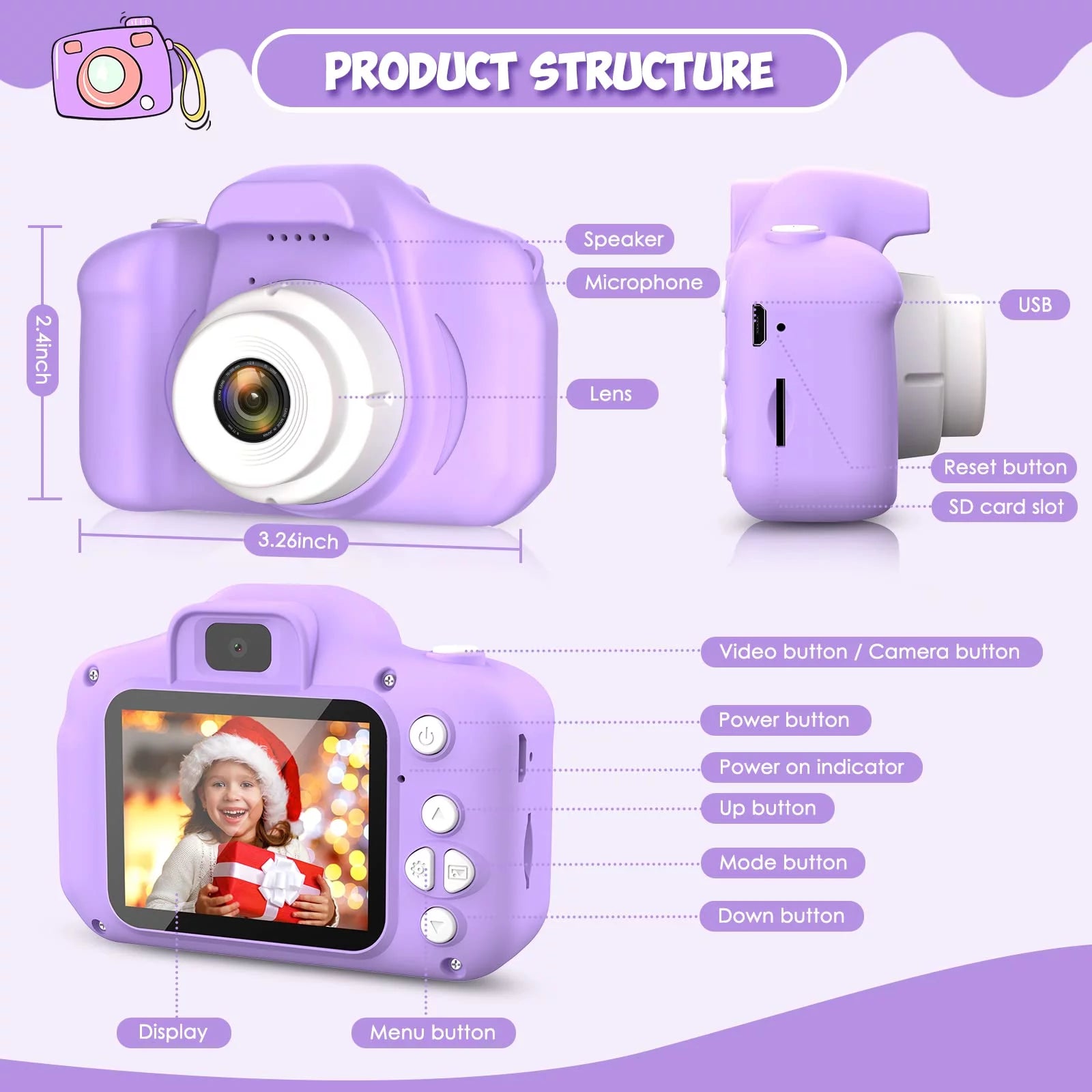 Kids Camera Selfie Camera for Kids Christmas Birthday Festival Gifts for Girls Age 3-9 HD Digital Video Cameras for Toddler Portable Toys for 3-8 Year Old Girl with 32GB SD Card, Purple