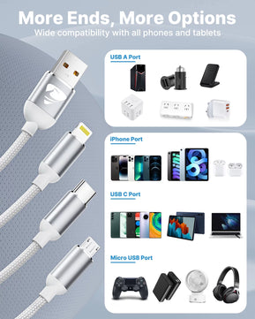 Multi Charging Cable, 3 in 1 Multi Charger Cord, USB Cable with USB-C, Micro USB and Lightning Port, for Iphone Ipad Samsung (2Pack White)