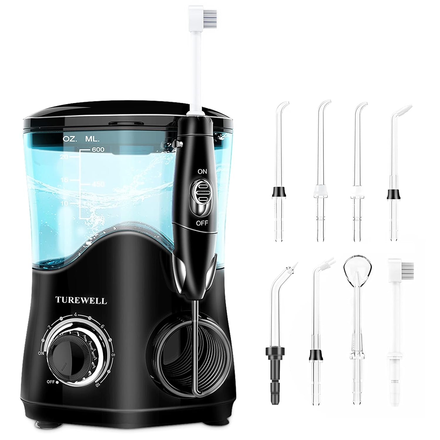 FC162 Water Dental Flosser for Teeth/Braces,10 Pressure Levels, 8 Water Jet Tips for Family, 600ML Electric Water Dental Oral Irrigator for Teeth-Clean (Black)