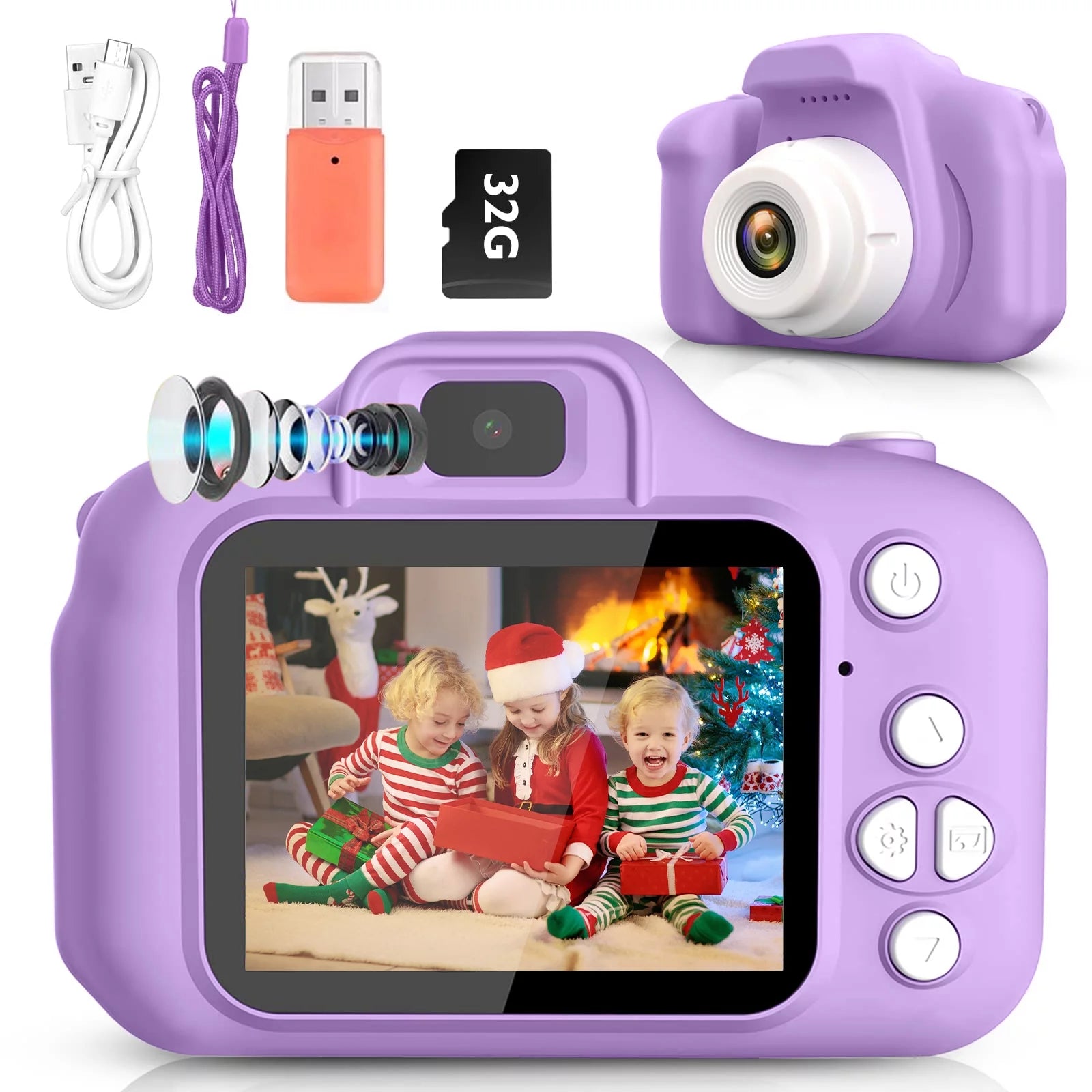 Kids Camera Selfie Camera for Kids Christmas Birthday Festival Gifts for Girls Age 3-9 HD Digital Video Cameras for Toddler Portable Toys for 3-8 Year Old Girl with 32GB SD Card, Purple