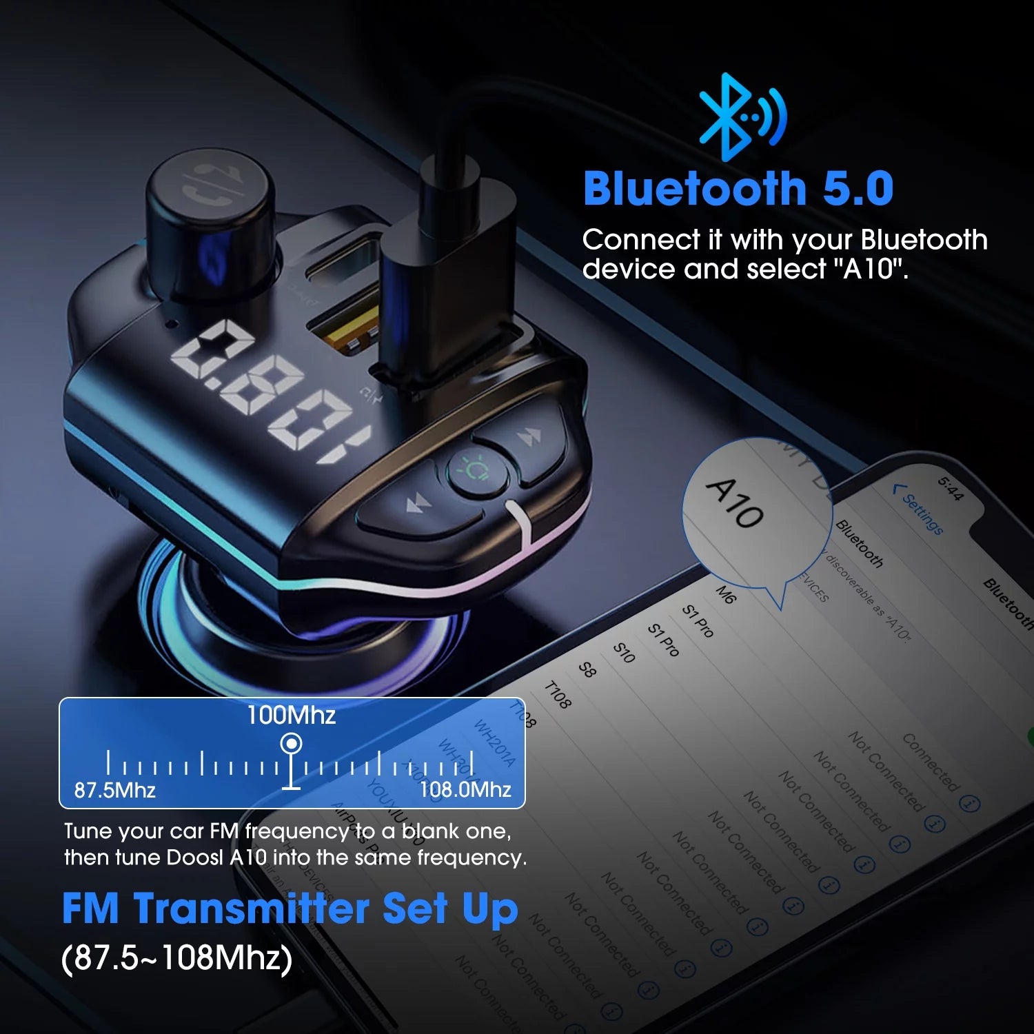 Bluetooth 5.0 FM Transmitter for Car, Wireless Bluetooth Car Adapter with QC3.0 & USB-C PD 20W Car Charger, Mp3 Player Radio Transmitter Supports Hands-Free Calling, Black