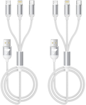 Multi Charging Cable, 3 in 1 Multi Charger Cord, USB Cable with USB-C, Micro USB and Lightning Port, for Iphone Ipad Samsung (2Pack White)