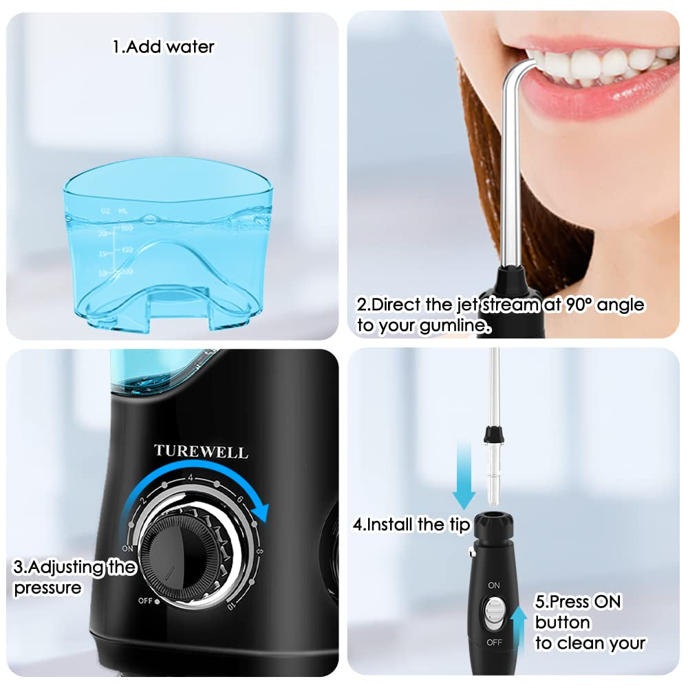 FC162 Water Dental Flosser for Teeth/Braces,10 Pressure Levels, 8 Water Jet Tips for Family, 600ML Electric Water Dental Oral Irrigator for Teeth-Clean (Black)