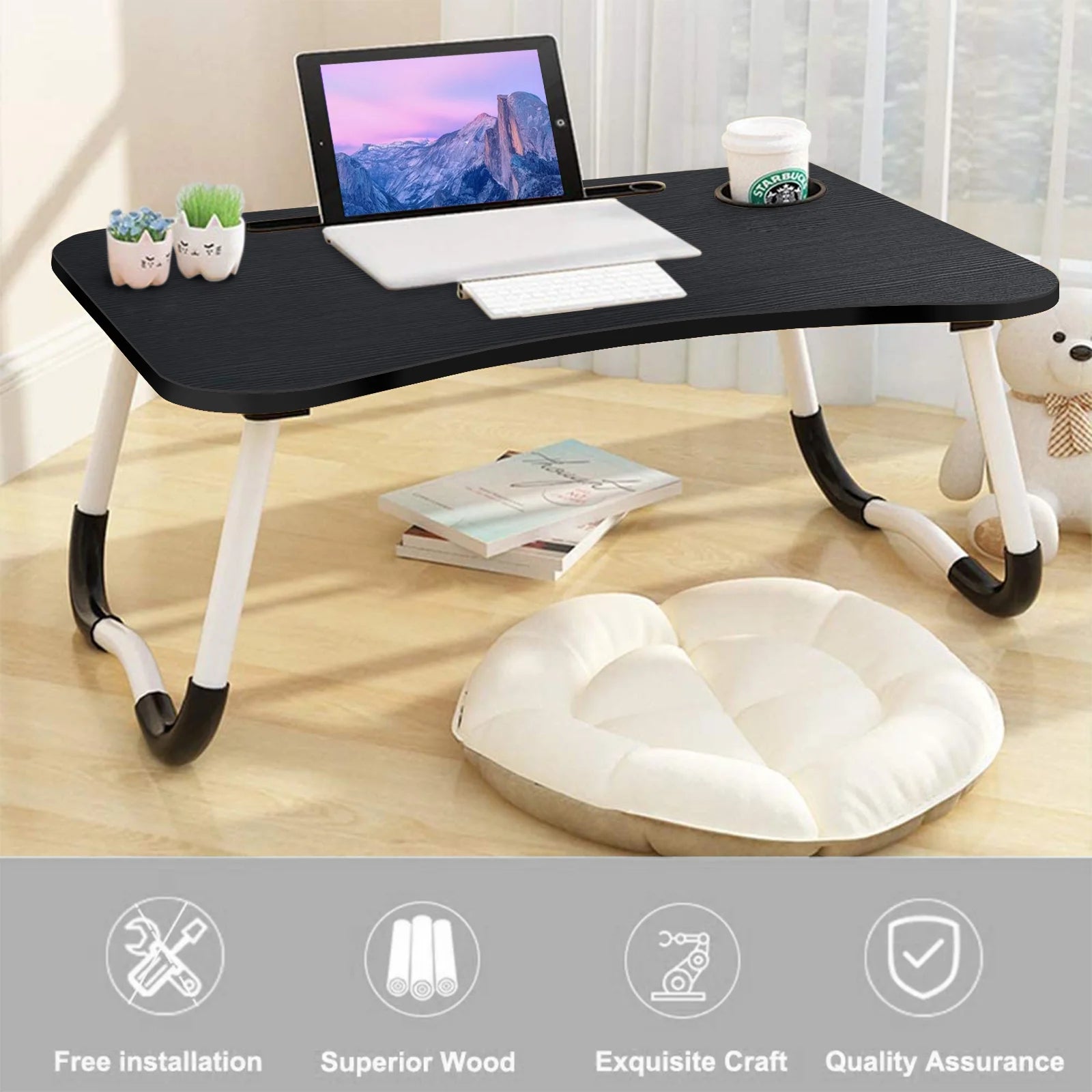 Folding Lap Desk for Bed, Portable Laptop Bed Tray Table Stand Reading Desk Breakfast Tray Cup Holder Table, Black