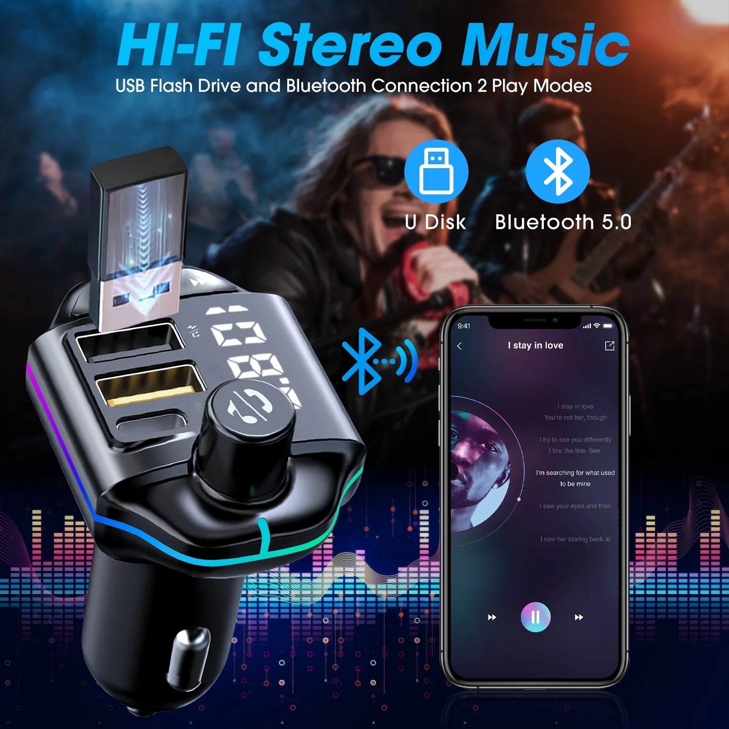 Bluetooth 5.0 FM Transmitter for Car, Wireless Bluetooth Car Adapter with QC3.0 & USB-C PD 20W Car Charger, Mp3 Player Radio Transmitter Supports Hands-Free Calling, Black