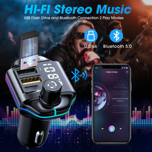 Bluetooth 5.0 FM Transmitter for Car, Wireless Bluetooth Car Adapter with QC3.0 & USB-C PD 20W Car Charger, Mp3 Player Radio Transmitter Supports Hands-Free Calling, Black