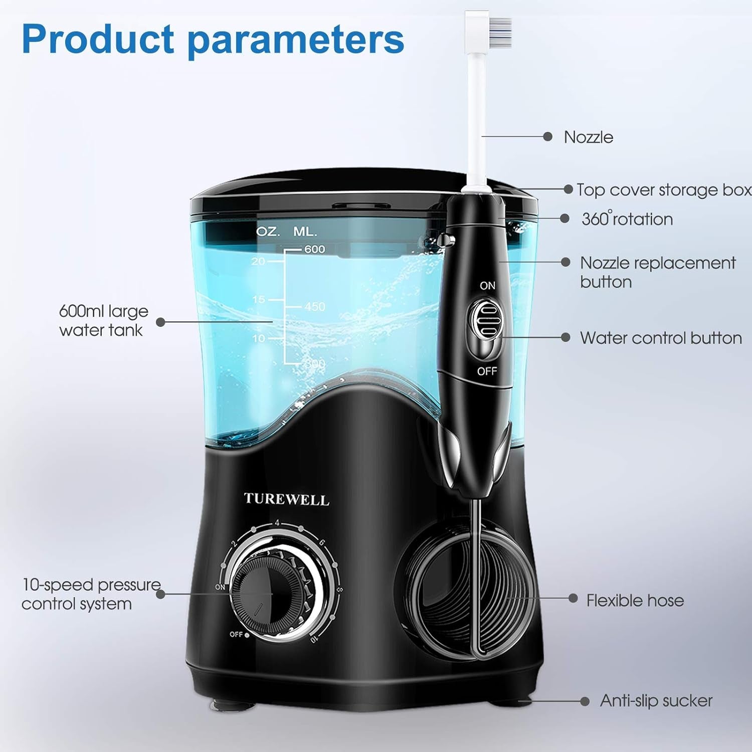 FC162 Water Dental Flosser for Teeth/Braces,10 Pressure Levels, 8 Water Jet Tips for Family, 600ML Electric Water Dental Oral Irrigator for Teeth-Clean (Black)