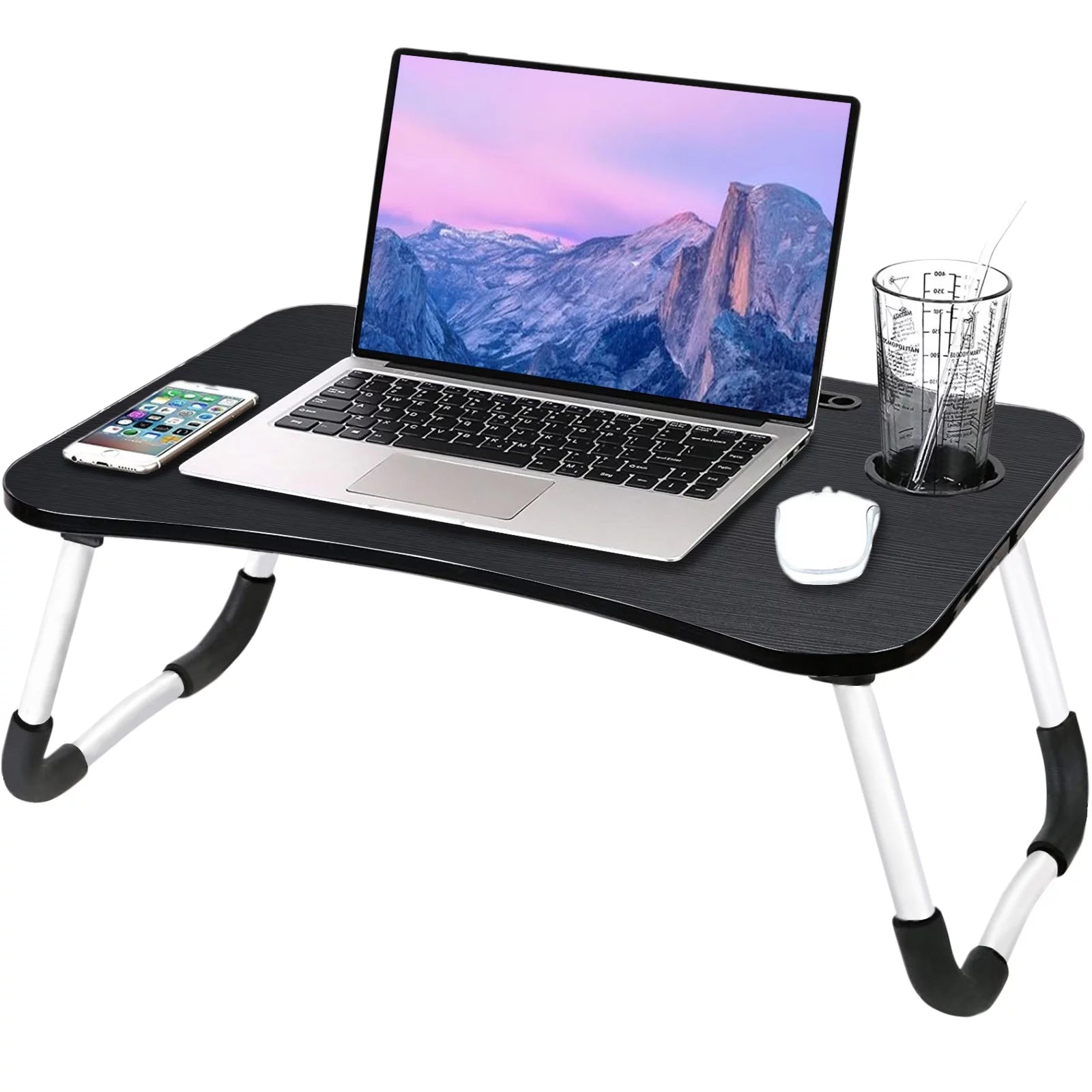 Folding Lap Desk for Bed, Portable Laptop Bed Tray Table Stand Reading Desk Breakfast Tray Cup Holder Table, Black