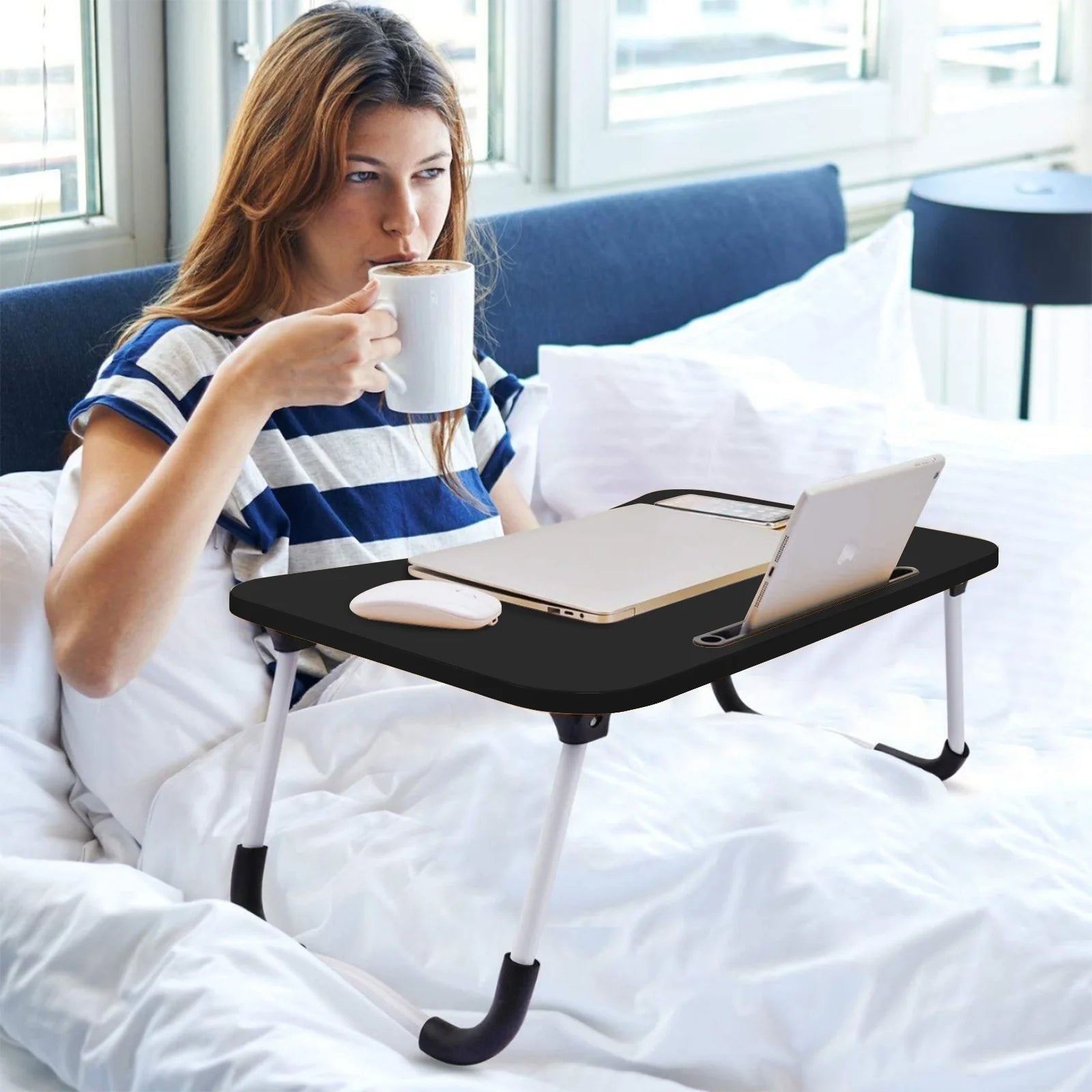 Folding Lap Desk for Bed, Portable Laptop Bed Tray Table Stand Reading Desk Breakfast Tray Cup Holder Table, Black