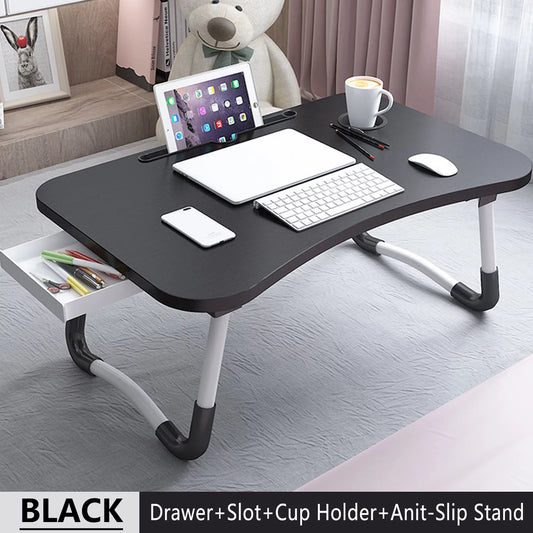 Foldable Lap Desk, 23.6 Inch Portable Wood Laptop Desk Table Workspace Organizer Bed Tray with Ipad Slots, Cup Holder and Drawer, Anti-Slip for Working Reading Writing, Eating, Watching-Black