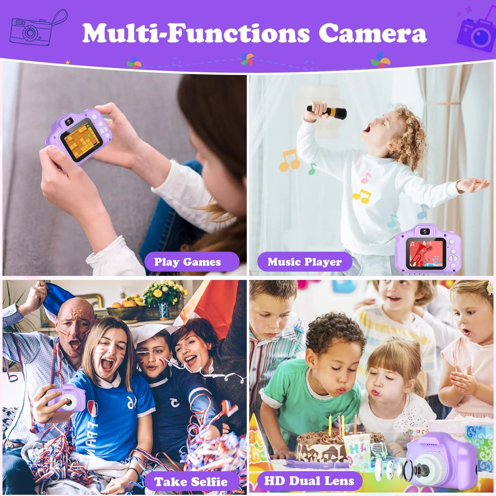 Kids Camera Selfie Camera for Kids Christmas Birthday Festival Gifts for Girls Age 3-9 HD Digital Video Cameras for Toddler Portable Toys for 3-8 Year Old Girl with 32GB SD Card, Purple