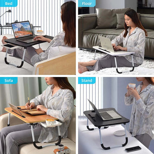 Foldable Lap Desk, 23.6 Inch Portable Wood Laptop Desk Table Workspace Organizer Bed Tray with Ipad Slots, Cup Holder and Drawer, Anti-Slip for Working Reading Writing, Eating, Watching-Black