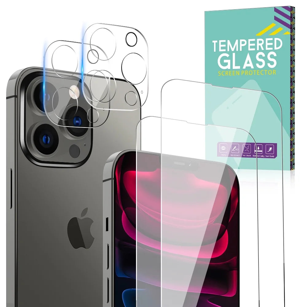 Iphone 13 Pro Screen Protector Tempered Glass + Camera Lens Protector, for Iphone 12 13 Pro Max Screen Protector, 9H Clear